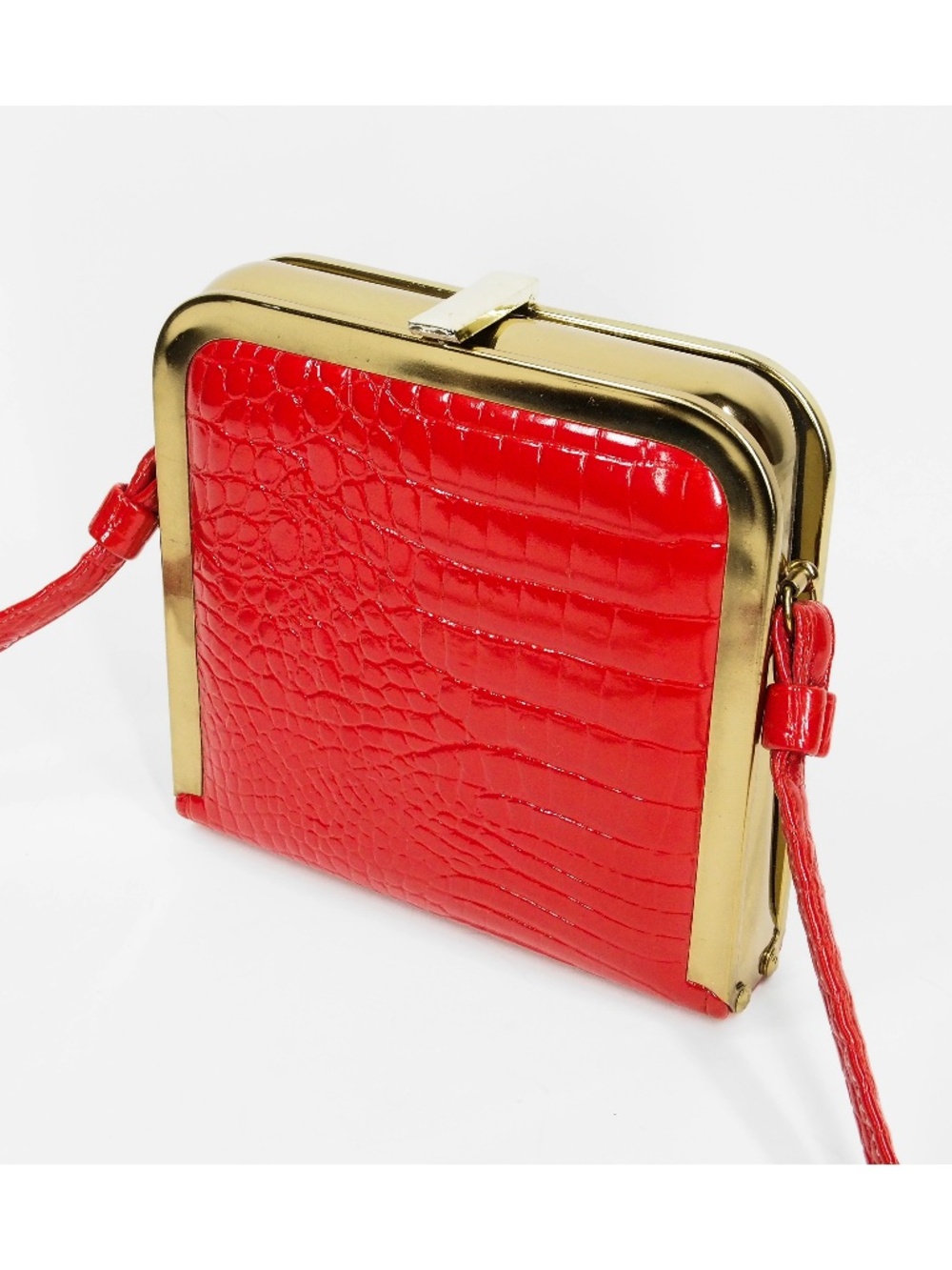 Shirl Miller Ltd Box Bag Vintage 70s Bright Red Croc Embossed Gold Handbag